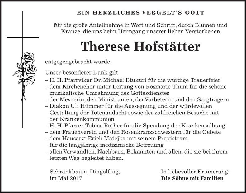 Traueranzeige Therese Hofstätter