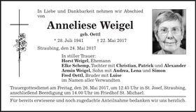 Traueranzeige Anneliese Weigel