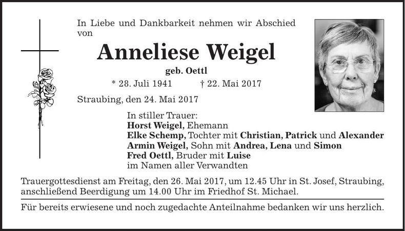 Traueranzeige Anneliese Weigel