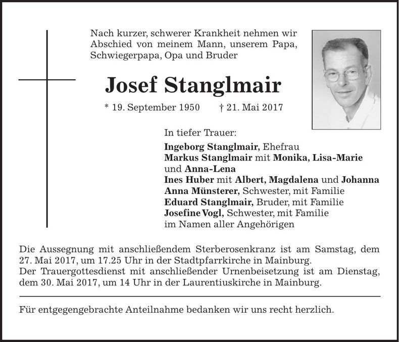 Traueranzeige Josef Stanglmair