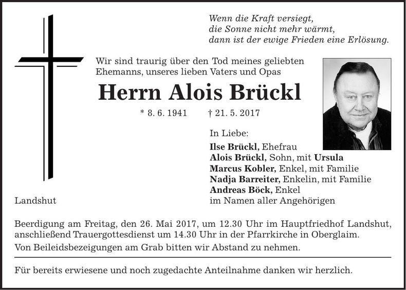 Traueranzeige Alois Brückl