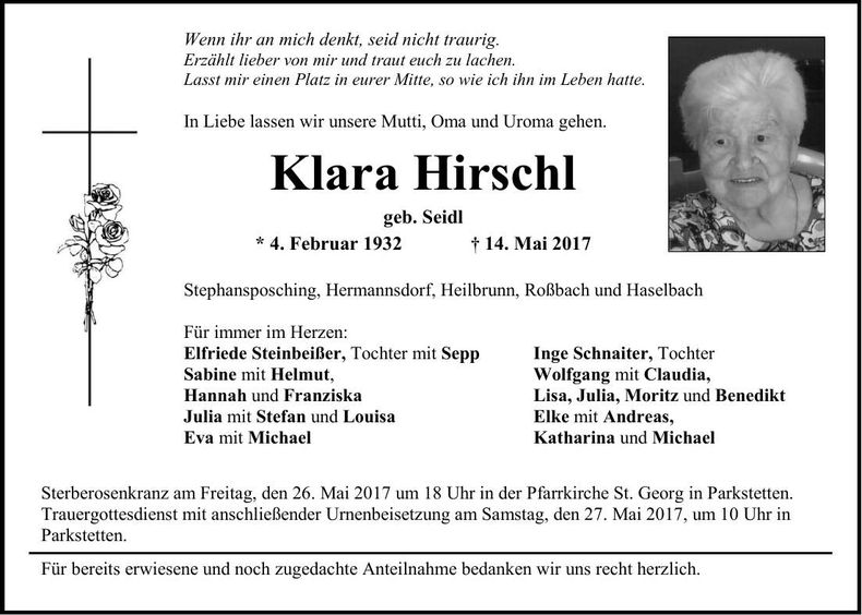 Traueranzeige Klara Hirschl