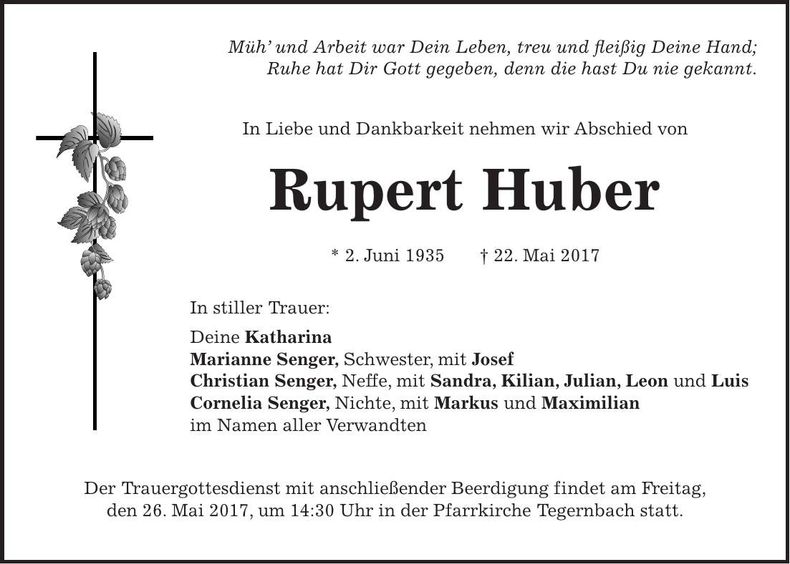 Traueranzeige Rupert Huber