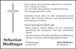 Traueranzeige Sebastian Mießlinger