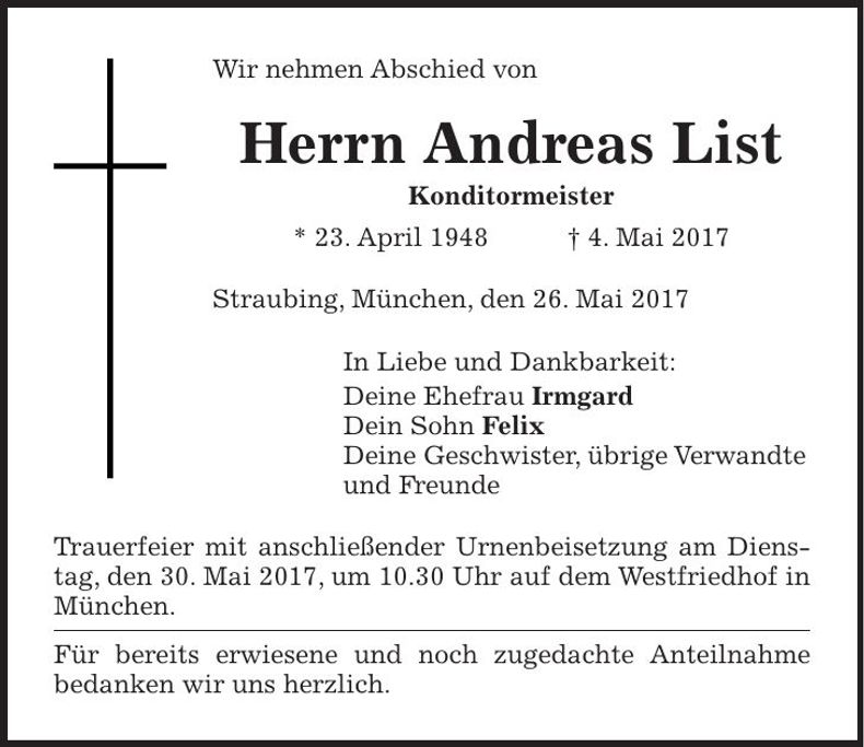 Traueranzeige Andreas List