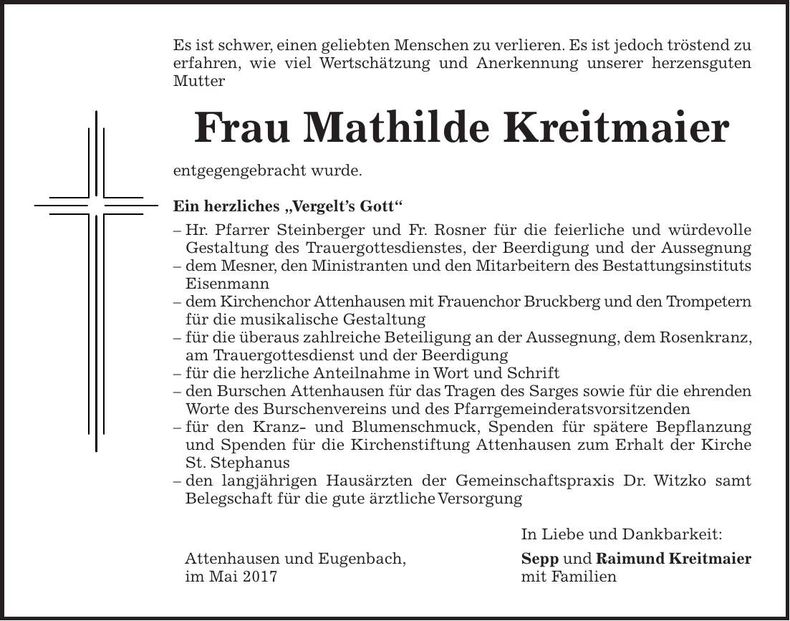 Traueranzeige Mathilde Kreitmaier