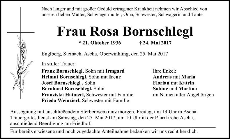 Traueranzeige Rosa Bornschlegl
