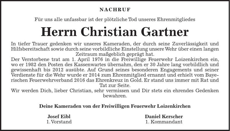 Traueranzeige Christian Gartner