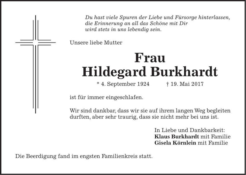 Traueranzeige Hildegard Burkhardt
