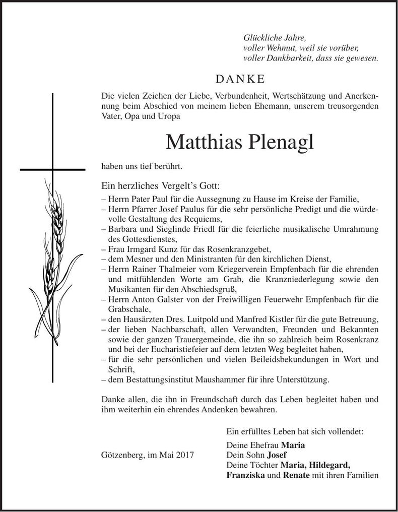 Traueranzeige Matthias Plenagl