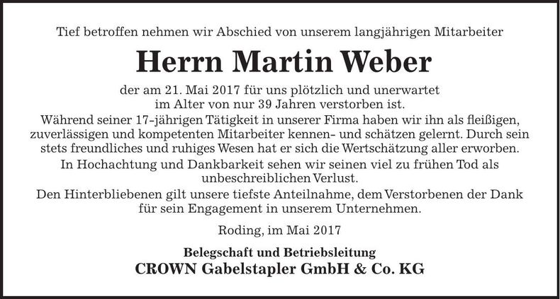 Traueranzeige Martin Weber