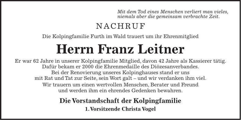Traueranzeige Franz Leitner