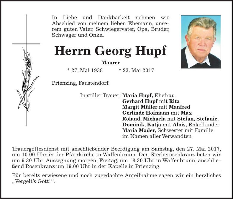 Traueranzeige Georg Hupf