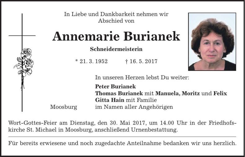 Traueranzeige Annemarie Burianek
