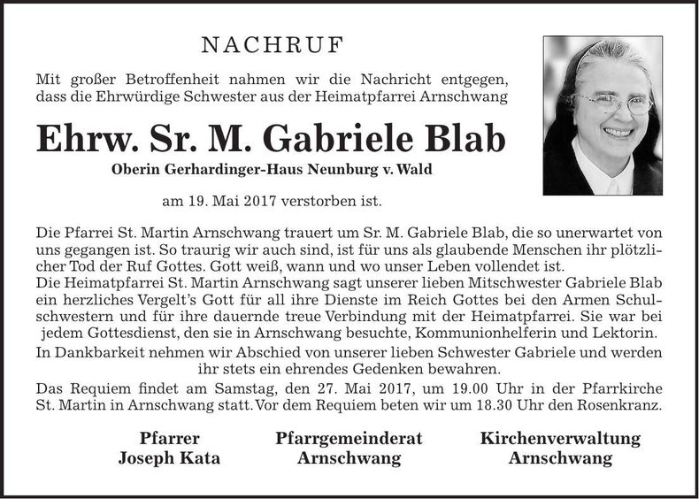 Traueranzeige Sr. M. Gabriele Blab