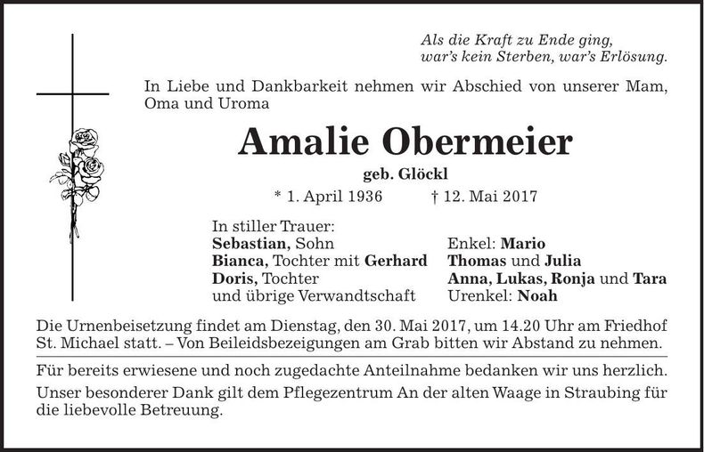 Traueranzeige Amalie Obermeier