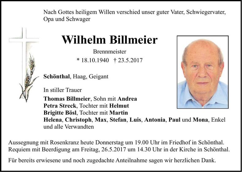 Traueranzeige Wilhelm Billmeier