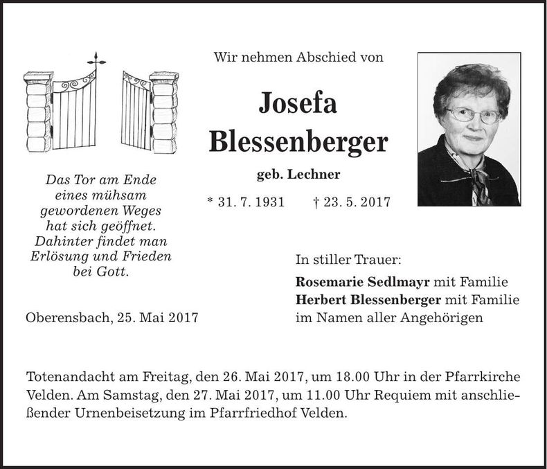 Traueranzeige Josefa Blessenberger