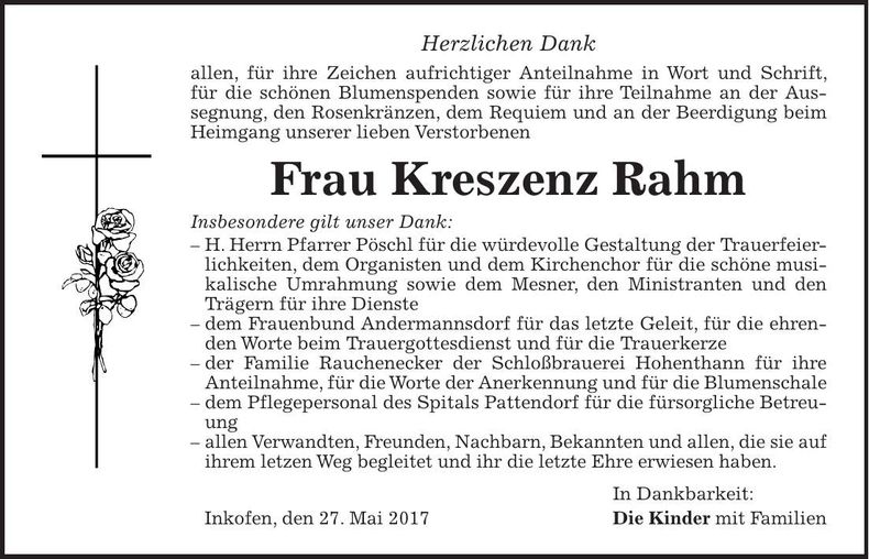 Traueranzeige Kreszenz Rahm