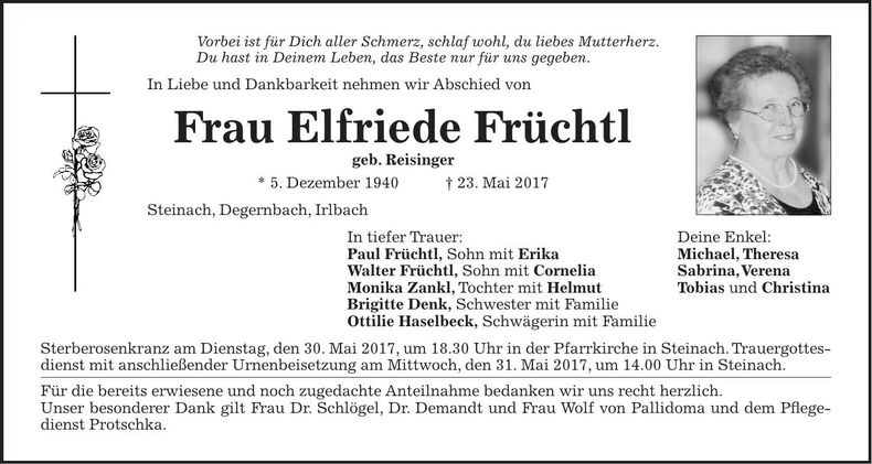 Traueranzeige Elfriede Früchtl