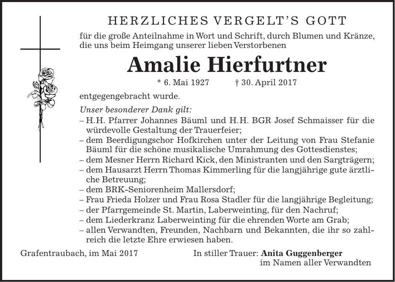 Traueranzeige Amalie Hierfurtner