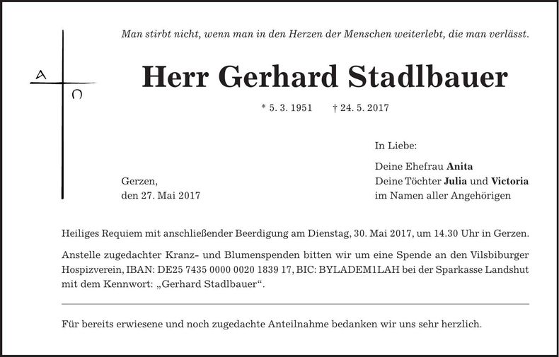 Traueranzeige Gerhard Stadlbauer