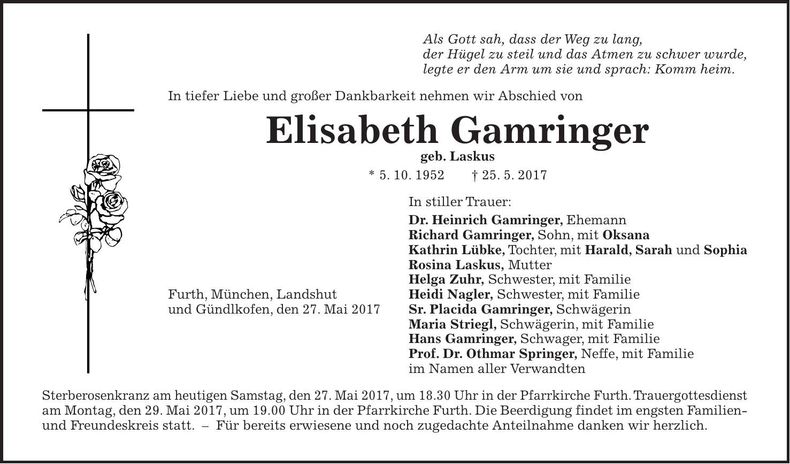 Traueranzeige Elisabeth Gamringer