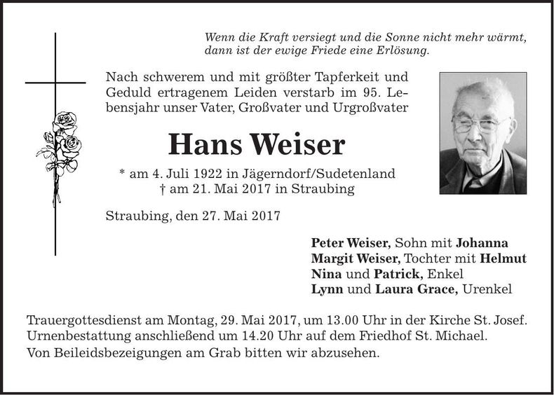 Traueranzeige Hans Weiser