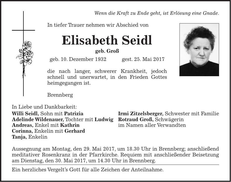 Traueranzeige Elisabeth Seidl