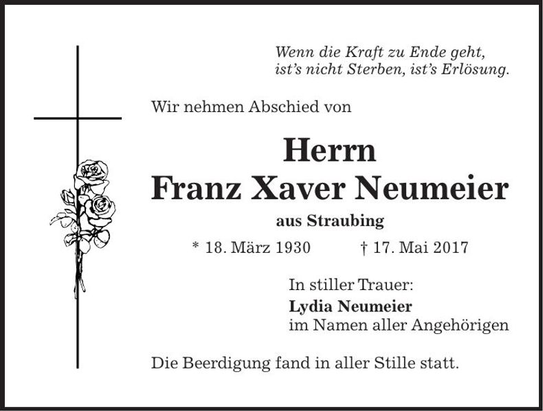 Traueranzeige Franz Xaver Neumeier