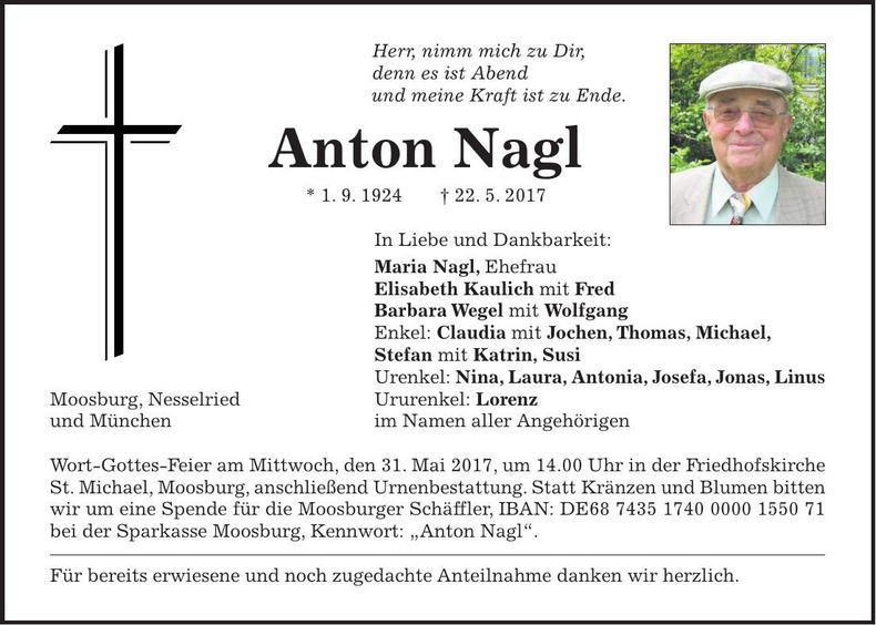 Traueranzeige Anton Nagl