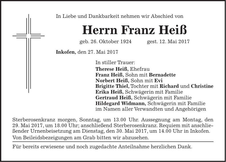 Traueranzeige Franz Heiß