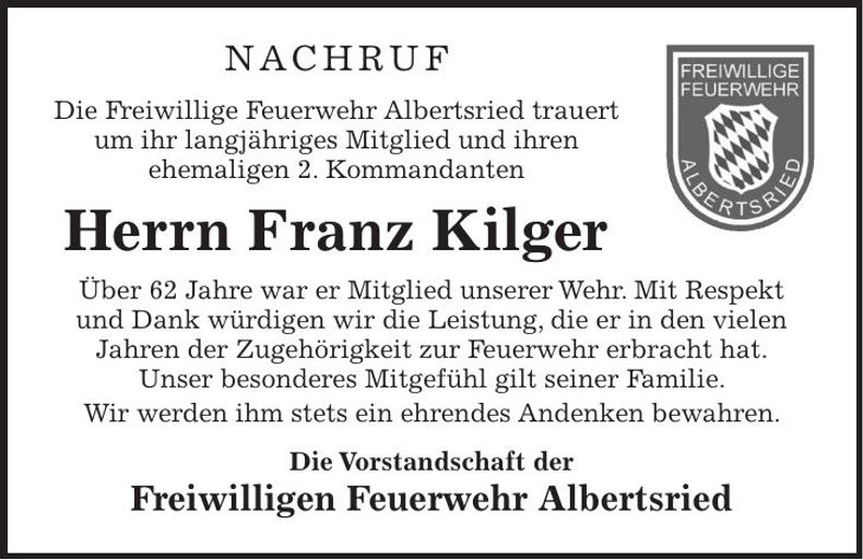 Traueranzeige Franz Kilger