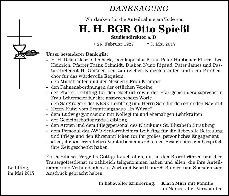 Traueranzeige Otto Spießl