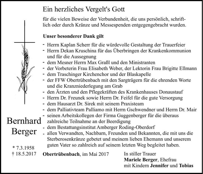 Traueranzeige Bernhard Berger