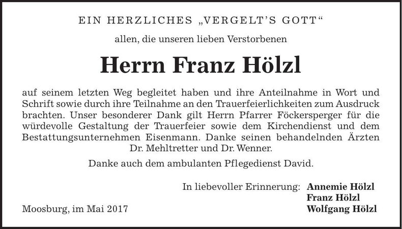 Traueranzeige Franz Hölzl