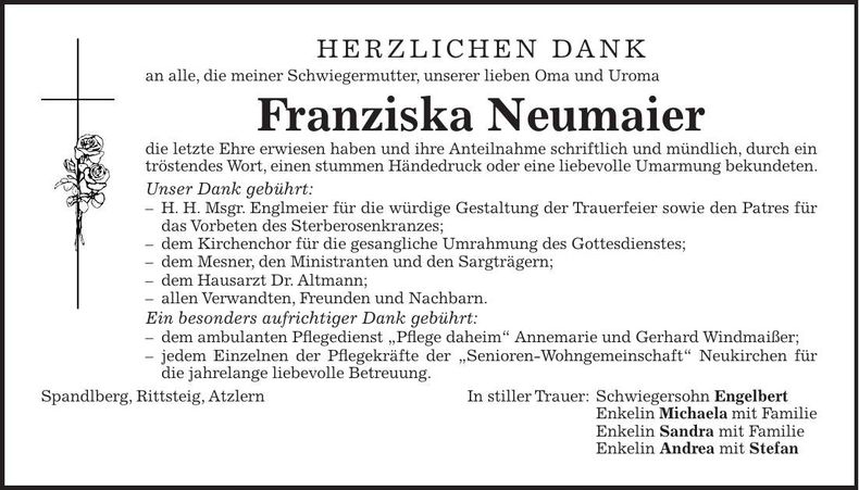 Traueranzeige Franziska Neumaier