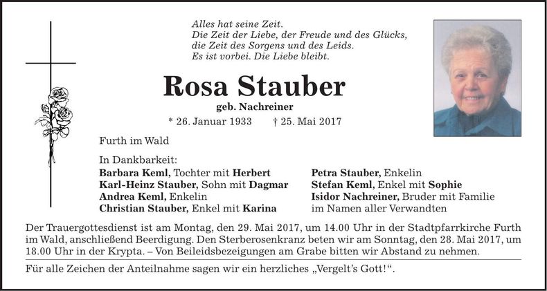 Traueranzeige Rosa Stauber