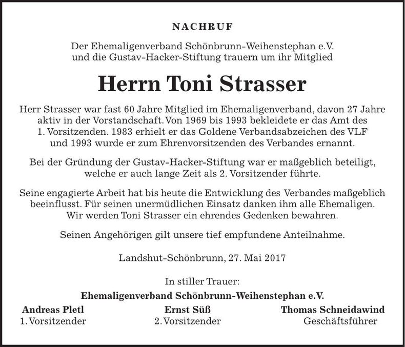 Traueranzeige Toni Strasser