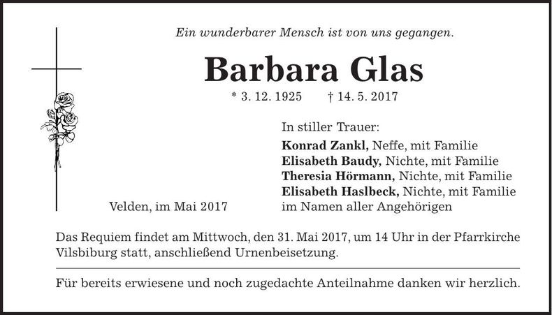 Traueranzeige Barbara Glas