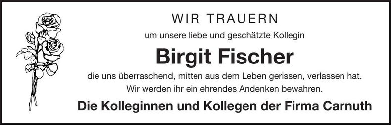 Traueranzeige Birgit Fischer
