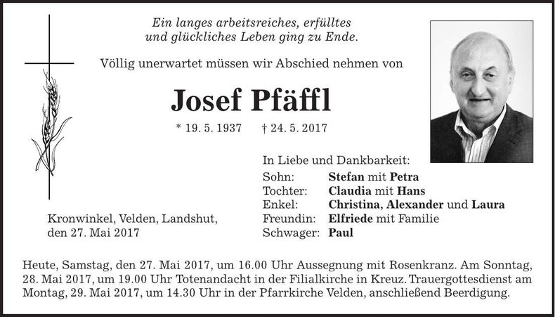 Traueranzeige Josef Pfäffl