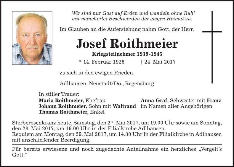 Traueranzeige Josef Roithmeier
