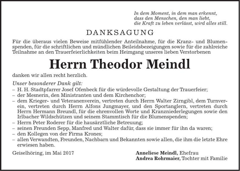 Traueranzeige Theodor Meindl