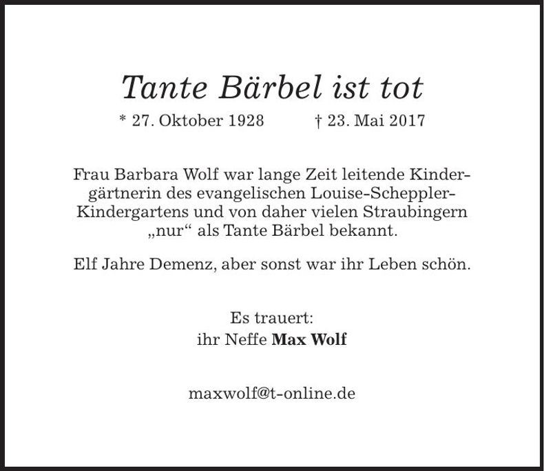 Traueranzeige Barbara Wolf