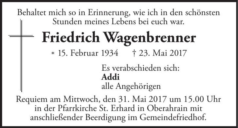 Traueranzeige Friedrich Wagenbrenner