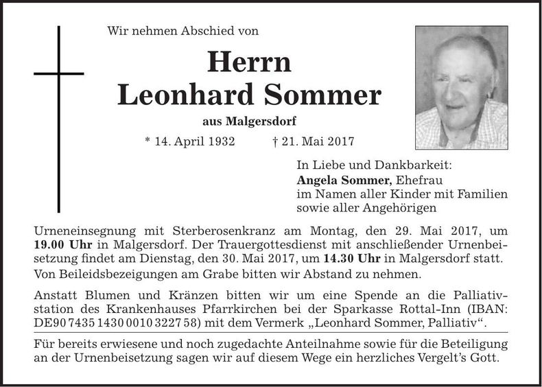 Traueranzeige Leonhard Sommer