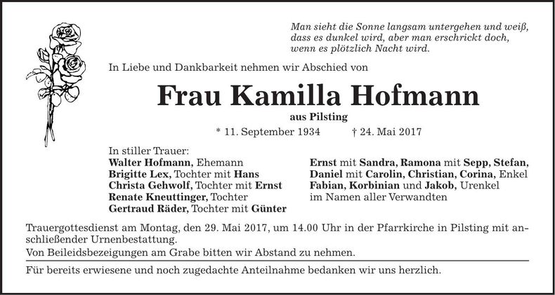 Traueranzeige Kamilla Hofmann