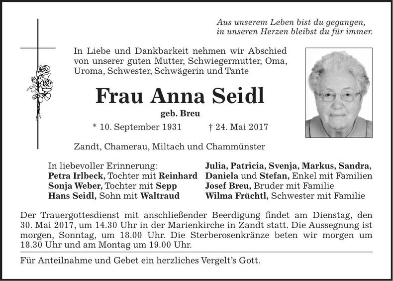 Traueranzeige Anna Seidl