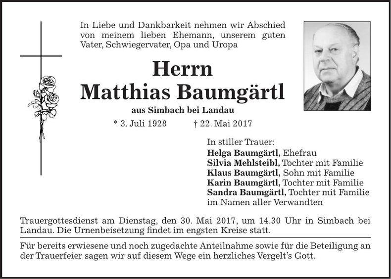 Traueranzeige Matthias Baumgärtl
